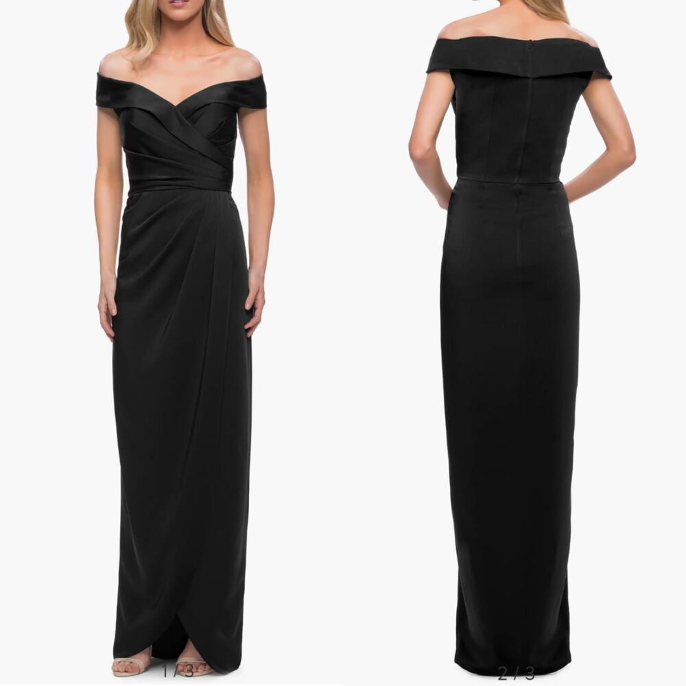 La Femme Surplice Off The Shoulder Column Gown Dress Black Satin Size 8 Preowned